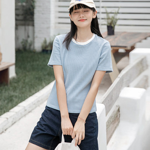 理想岛 休闲显瘦圆领正肩上衣 日系自制细条纹纯棉短袖 t恤女夏新款