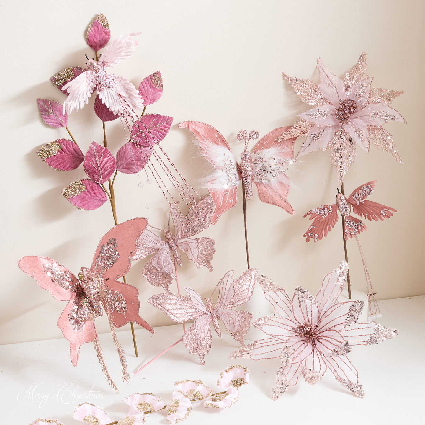 泓瀚仿真圣诞花蝴蝶蜂鸟树叶装饰