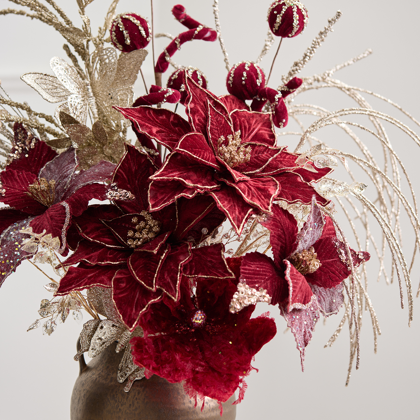 酒红色圣诞花香槟色圣诞插枝道具