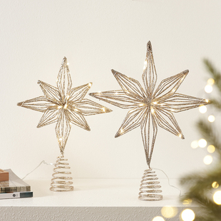圣诞节装 饰挂件 饰铁艺树顶星星带灯发光香槟色五角星圣诞节树顶装
