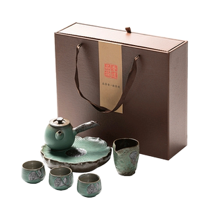 中式粗陶鎏金一壶三杯功夫茶具干泡盘陶瓷茶杯茶壶公道杯便携礼盒