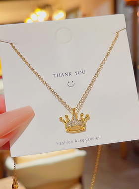 女王皇冠项链女锁骨链钛钢不掉色夏季轻奢小众微镶锆石吊坠款配饰