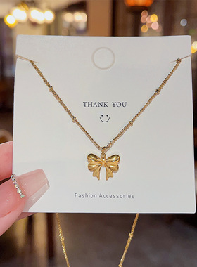 甜酷风立体蝴蝶结钛钢项链女甜酷辣妹时尚个性波珠链网红气质颈链