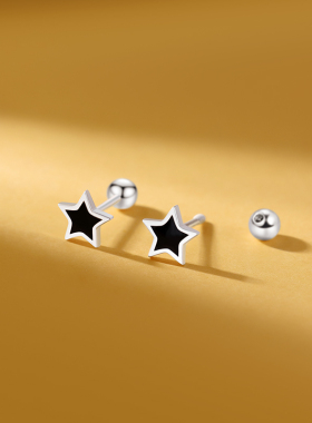 足银耳钉女纯银黑色五角星简约耳骨钉男小众复古文艺气质百搭免摘