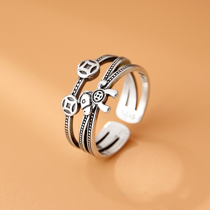 925银戒指女复古马上有钱民族风活口指环财源滚滚个性时尚尾戒男