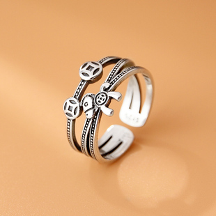 纯银马上有钱戒指女复古风泰银多层文化气质交叉做旧手饰财源滚滚