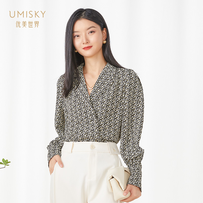 umisky优美世界女装正品春季气质西装领碎花衬衫上衣VI1G2009