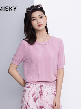 umisky优美世界商场同款夏圆领套头莱赛尔休闲针织衫上衣SM2W2877