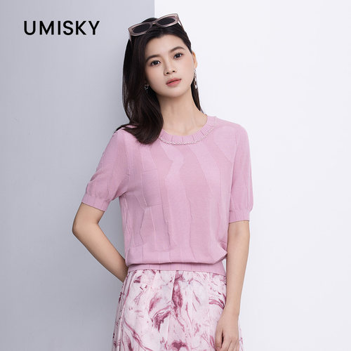 umisky优美世界商场同款夏圆领套头莱赛尔休闲针织衫上衣SM2W2877