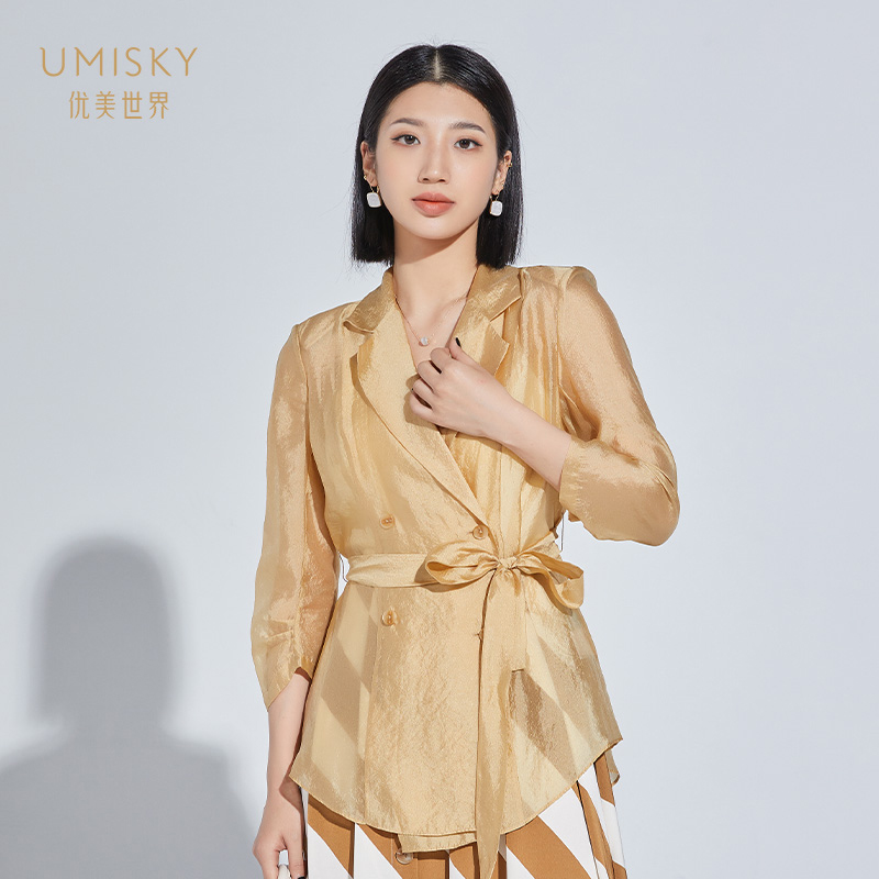 umisky优美世界女装正品夏薄款高级感休闲七分袖西装外套VI2C4013