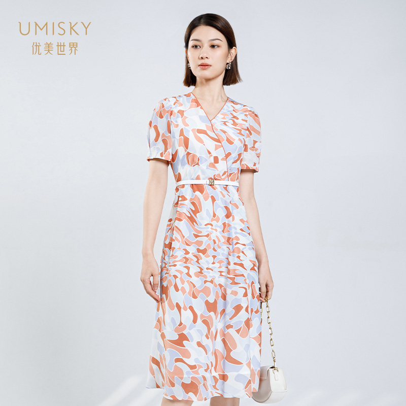 umisky优美世界女装正品夏季100%桑蚕丝真丝印花连衣裙SI2D1031