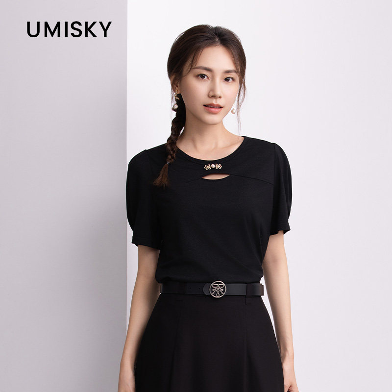 umisky优美世界商场同款夏季圆领休闲短袖针织衫上衣T恤SM2J3009图片