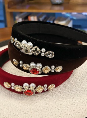 法式复古千金氛围珍珠方钻黑色丝绒发箍女宽边头饰发卡高颅顶头箍