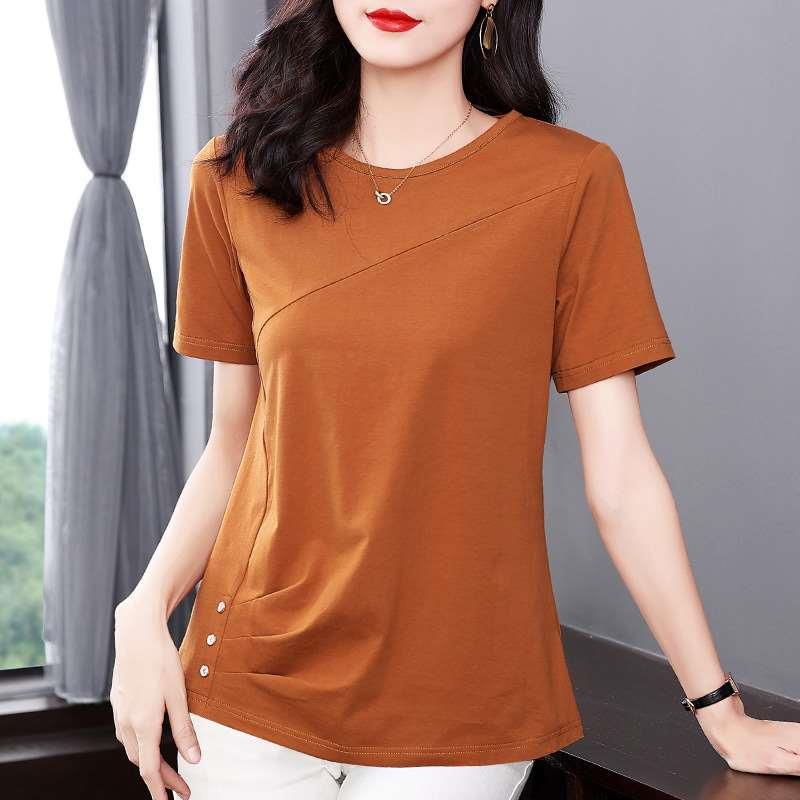 Pure color short sleeve T-shirt women summer New middle-aged