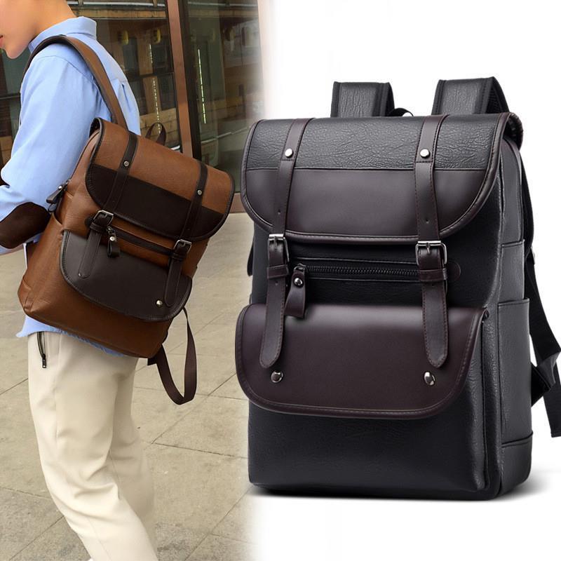 Mens Leather Laptop Backpack Travel Bag Large男士电脑双肩包