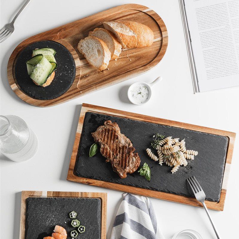 Modern black slate with wooden tray Western tableware