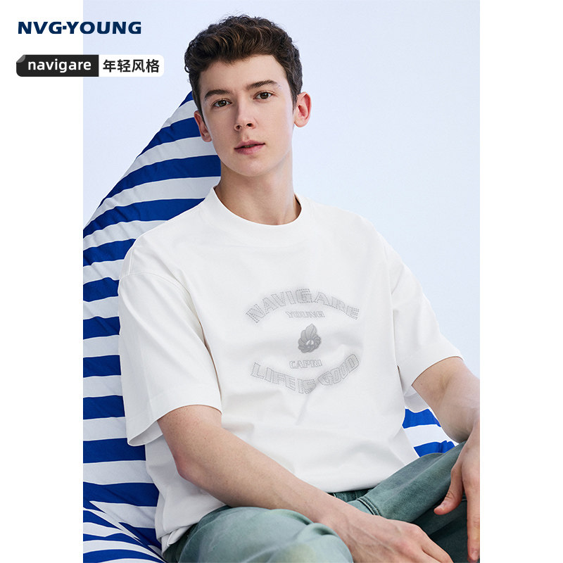 【纯棉】NAVIGARE意大利小帆船夏季男士短袖T恤白色宽松圆领