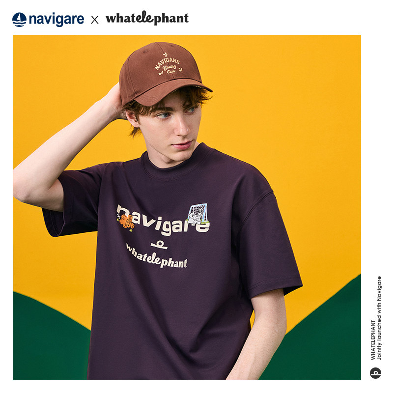 [乜象联名款]NAVIGARE小帆船圆领紫色短袖T恤男士25夏季