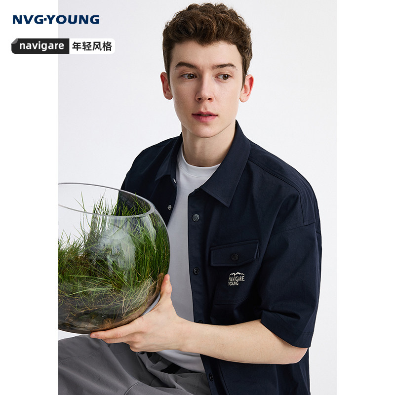 NAVIGARE意大利小帆船新款男士短袖衬衫休闲通勤工装蓝色衬衣外套