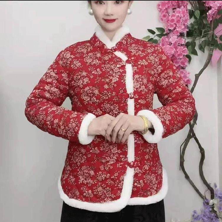 棉袄大花袄红色保暖流行加大冬季新年时尚女士洋气大码过年唐装