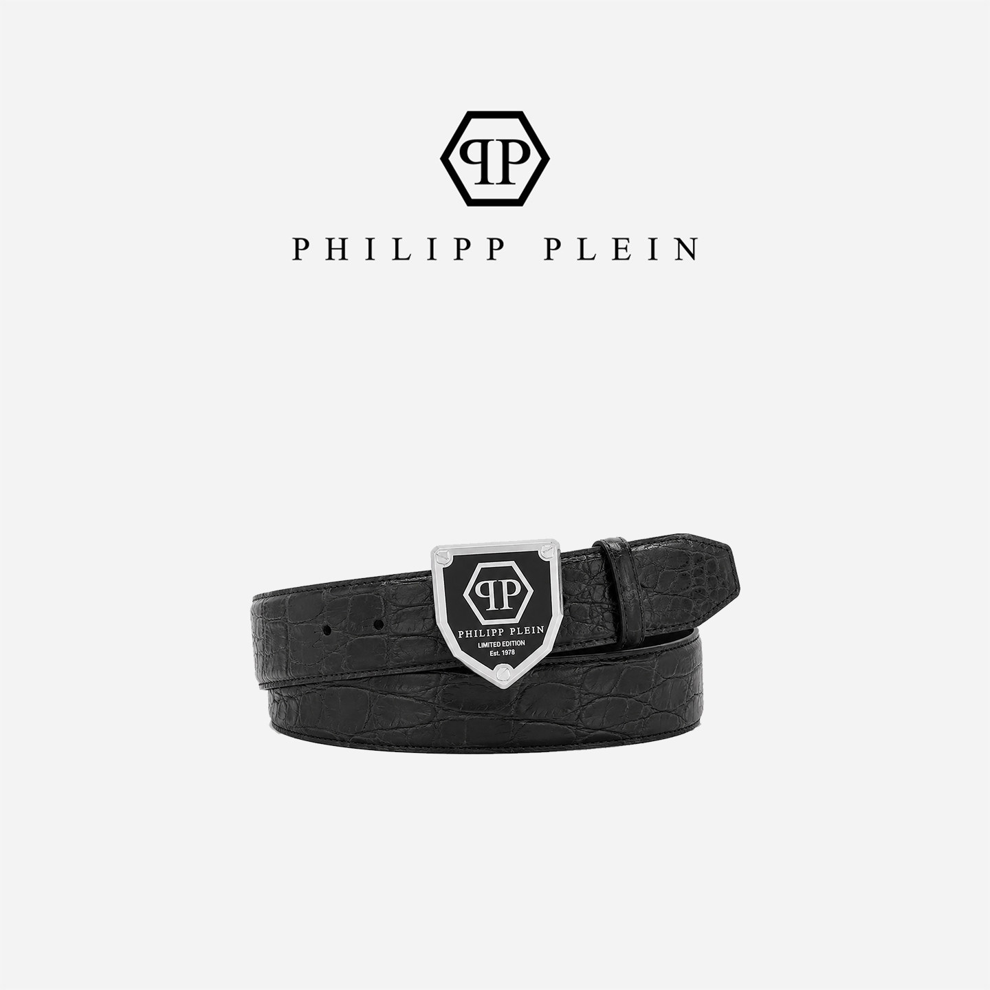 PHILIPP PLEIN 2026年男士亮面压纹牛皮皮带经典PP商务休闲腰带
