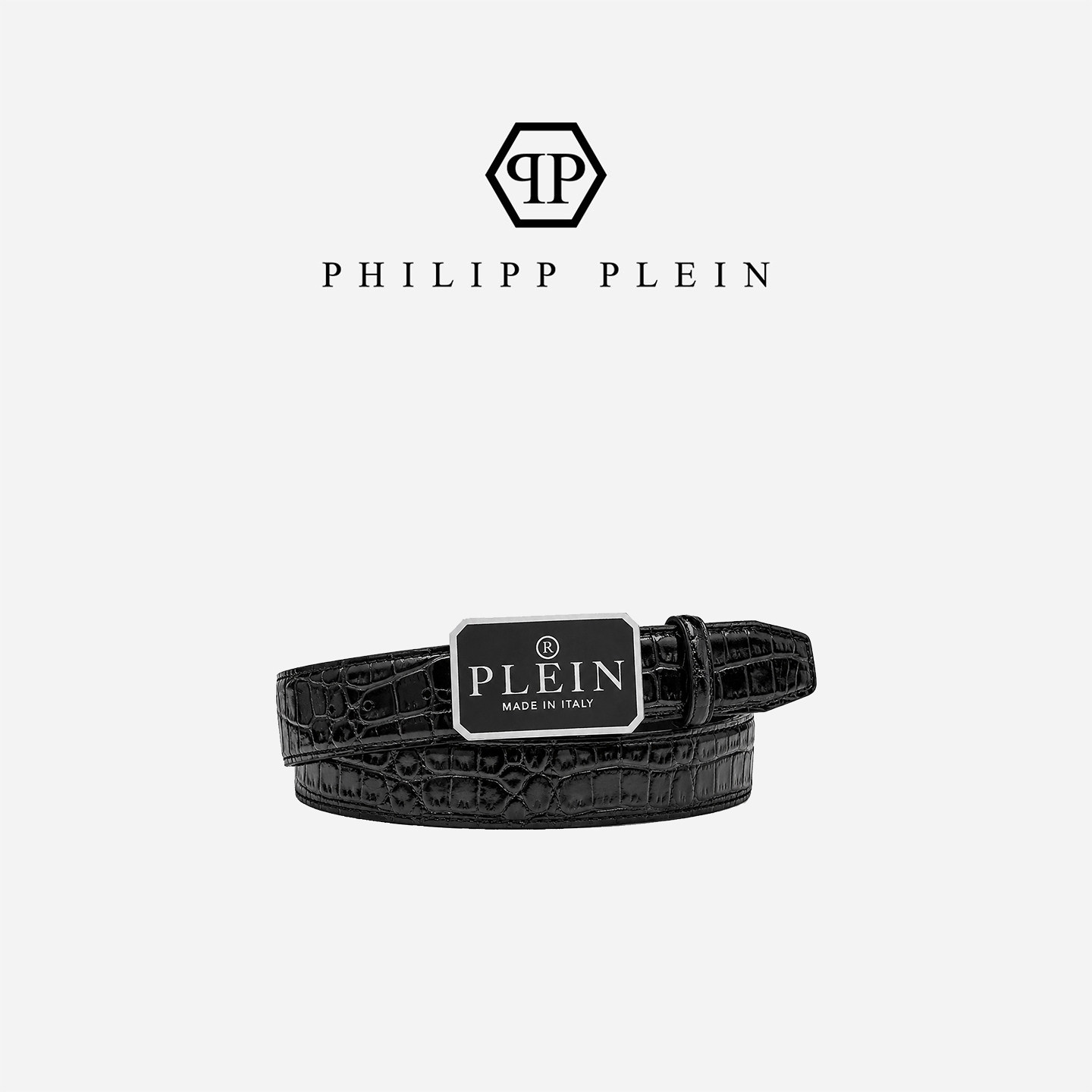 PHILIPP PLEIN 男士正装通勤商务压纹牛皮皮带Plein 标识腰带