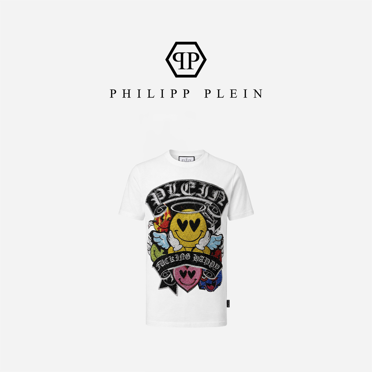 PHILIPP PLEIN 男士白色圆领短袖笑脸图案夏季休闲宽松T恤