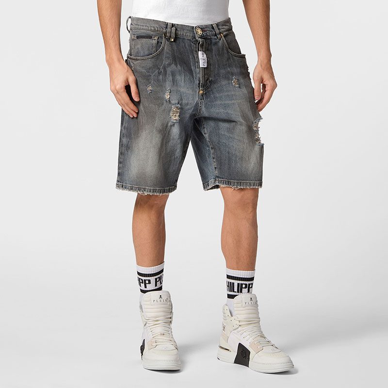 PHILIPP PLEIN 男士Formentera破洞牛仔短裤中裤