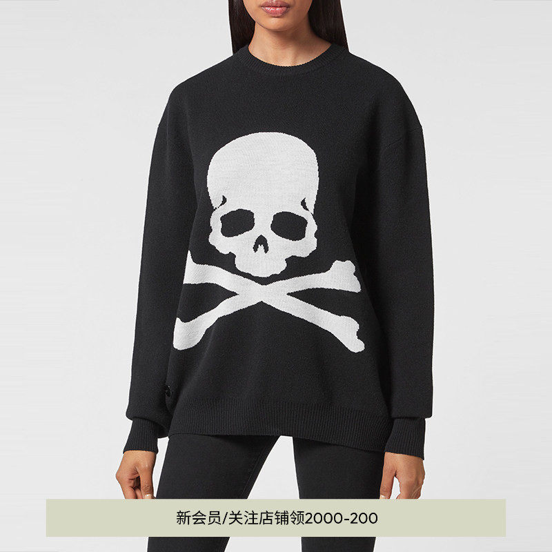 PHILIPP PLEIN 女士骷髅图腾长款针织衫毛衣