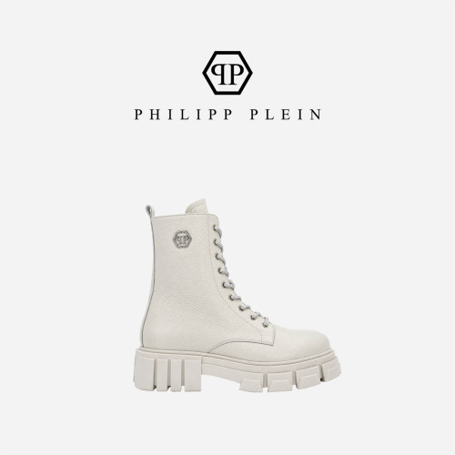 PHILIPP PLEIN 女士秋冬季白色英伦风荔枝纹马丁靴厚底短靴靴子
