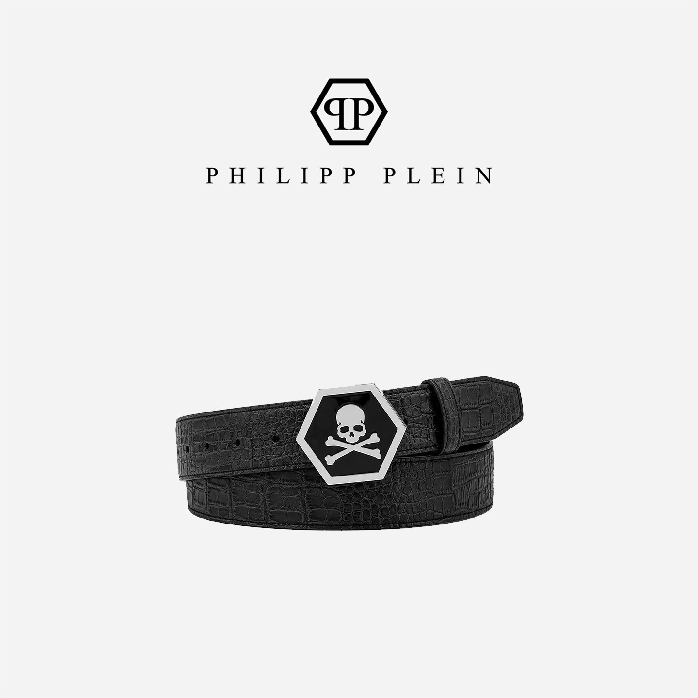 PHILIPP PLEIN 男士亮面压纹皮带六角银框骷髅板扣休闲装饰腰带