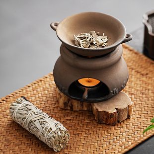 手作日式 烘烤炉雪松鼠尾草香粉香薰炉烤茶炉桌面摆件陶瓷熏香植物