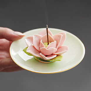 禅意手捏陶瓷家用室内香插莲花香座摆件香薰炉茶道线香底座点香插