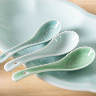 青瓷家用汤勺陶瓷中式小汤勺商用喝汤匙调羹酒店餐厅餐具长柄汤勺