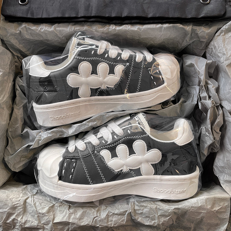 翁杰联名款异变黑白断鞋拼接增高复古贝壳头板鞋男女款运动休闲鞋