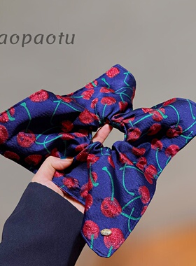 2025款复古蓝色樱桃印花方巾发圈女高级感气质大肠圈扎发头绳发饰