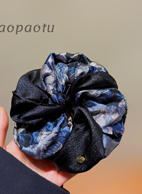 氛围感复古蓝色碎花双层大肠发圈女百搭温柔扎马尾盘发头饰发绳