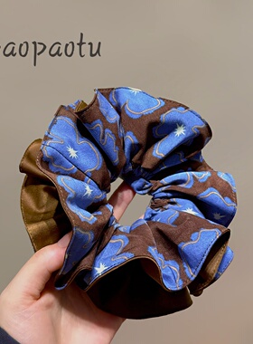 时尚撞色复古蓝色印花大肠发圈女高级轻奢双层褶皱洋气扎头发圈