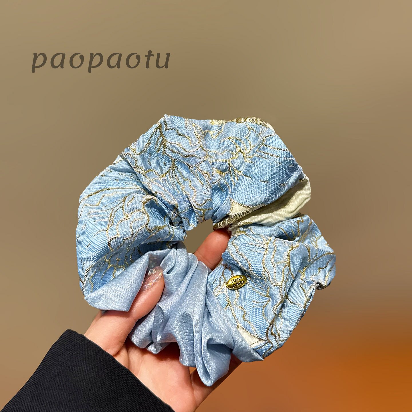 韩版蓝色双拼花朵丝绸大肠发圈
