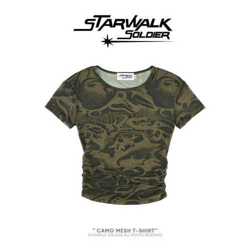 starwalk迷彩网纱烫钻短袖T恤