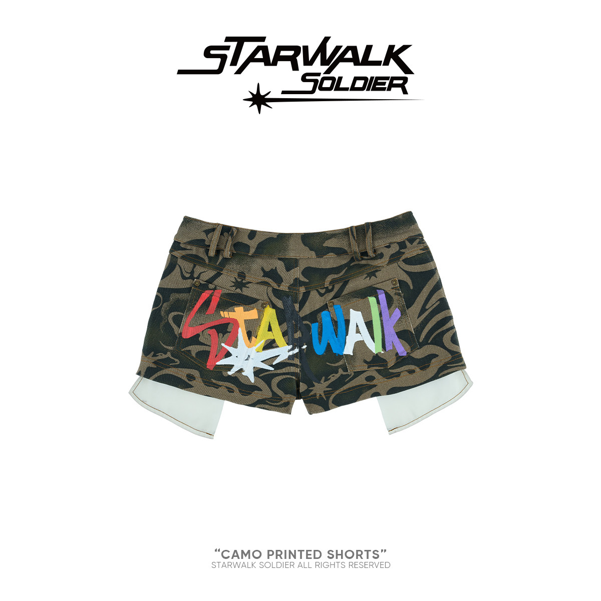 STARWALK SOLDIER迷彩印花短裤美式辣妹显瘦口袋设计修身潮热裤女