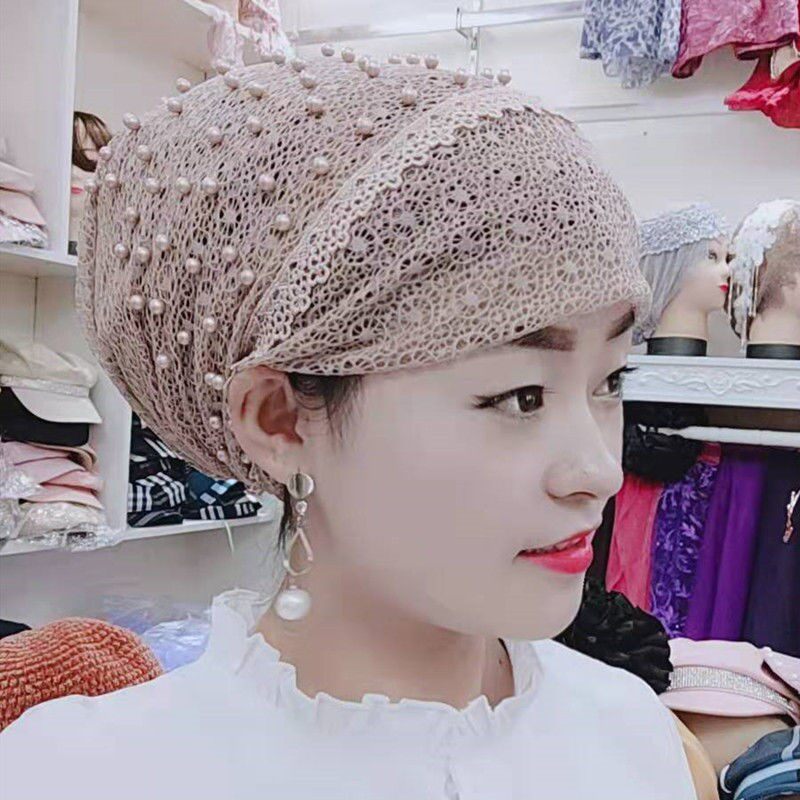 穆斯林帽子春夏新款回族纱巾女士帽子蕾丝钉珠盖头包头帽月子帽