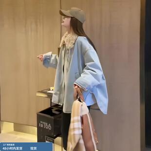 2025冬季新款拼羊羔毛翻领内里加绒加厚浅蓝色牛仔外套女韩系夹克