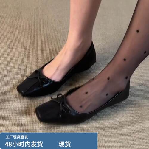 羊新款版~显瘦蝴蝶结方头浅口粗跟芭蕾鞋女温柔通勤一脚蹬真新款