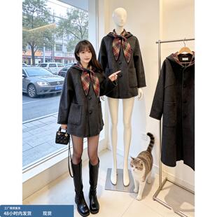 韩系学院风复古深灰色绝美毛呢外套女小个子气质呢子大衣2025冬季
