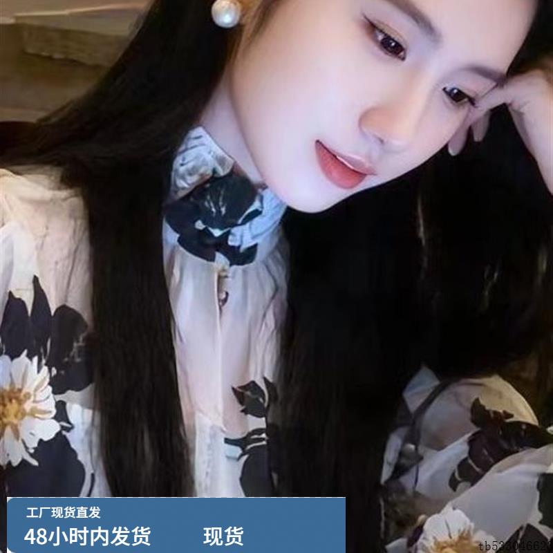 法式印花高领长袖衬衫女款早秋高级感小众气质轻奢减龄薄款上衣服