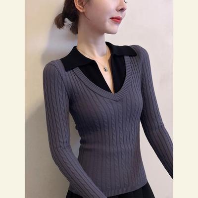 超火减龄独特超好看单穿上衣小众不撞款韩系灰色假两件针织衫女秋