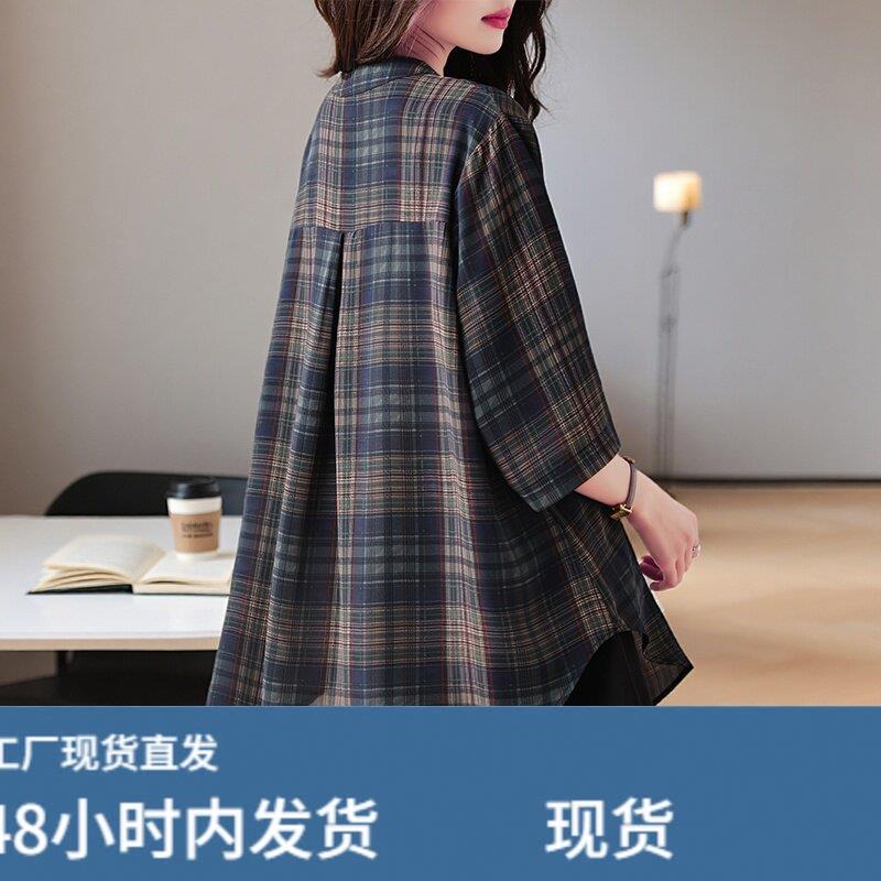 格纹宽松衬衫女款夏2026新款大码中长款中袖薄款胖mm显瘦遮肉上衣图片