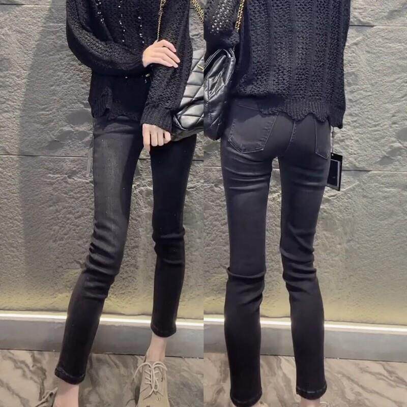 春季新款重工镶钻直筒烟管牛仔裤女大尺码胖mm小个子显瘦小脚铅笔