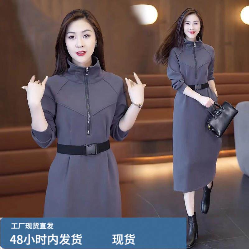 长款卫衣连衣裙女春秋款2025今年流行新款收腰显瘦半拉链直筒裙子